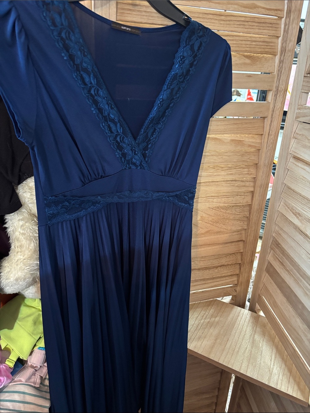 Soprano Navy Lace-Trim V-Neck Dress Small